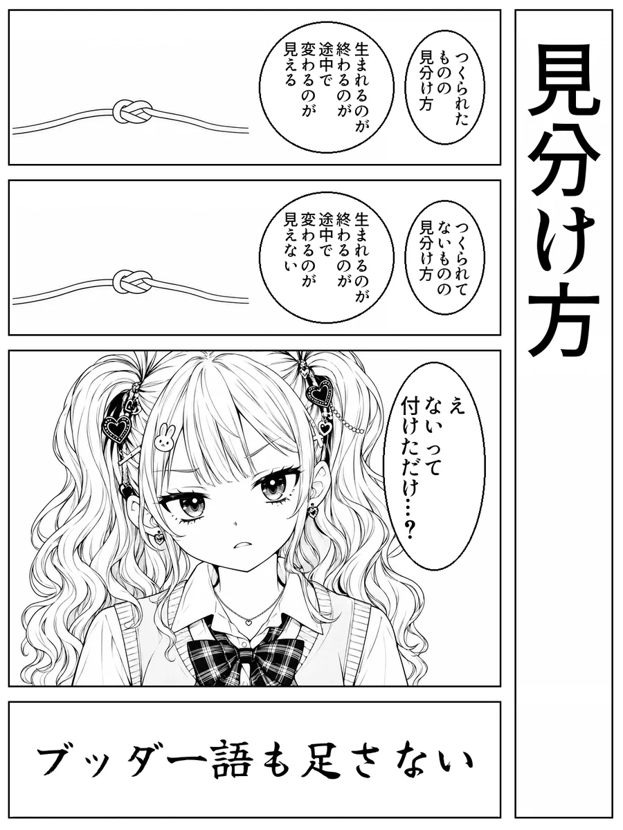 「見分け方」4コマ。決め台詞「ブッダ一語も足さない」