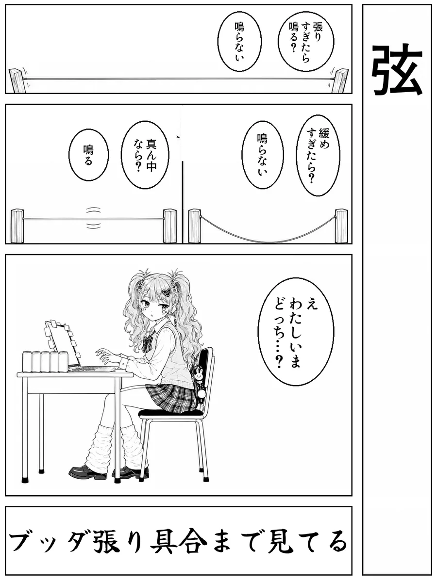 「弦」4コマ。決め台詞「ブッダ張り具合まで見てる」